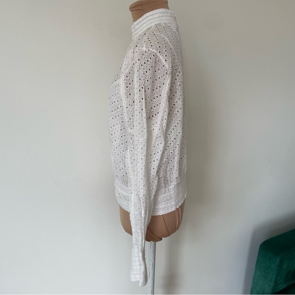FRAME High Neck Puff Sleeve Keyhole Ivory Ramie Long Sleeve Eyelet Party Top M - Picture 6 of 12